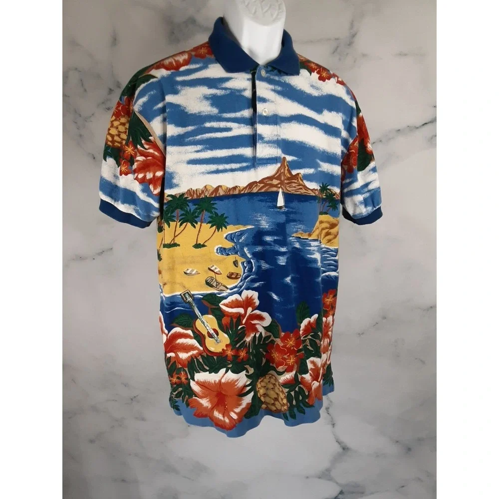 Nautica Men's SS Cotton Blue/Multicolor Hawaiian Print Polo Shirt, Size M